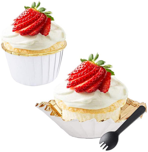 Cupcake Liners with Dome Lids 100Pack,Free-Air 3.5Oz Mini Foil Baking Cups Muffin Liners,Disposable Ramekins Cupcake Tins Cupcake Wrappers for Wedding Birthday Party,with Spoons-White in gold