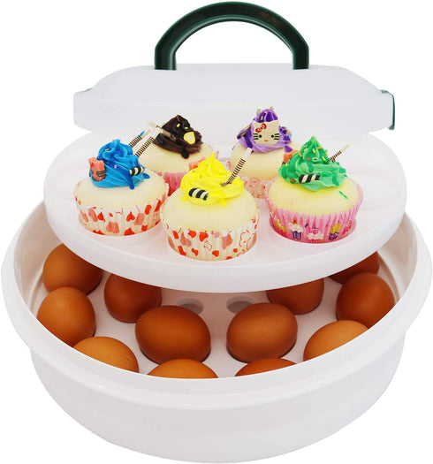 10 Inch Portable Pie Cupcake Carrier Deviled Egg Tray with Lid and Tray 3-In-1 Round Cupcake Container Egg Holder Muffin Tart Cookie Keeper Food (Green)