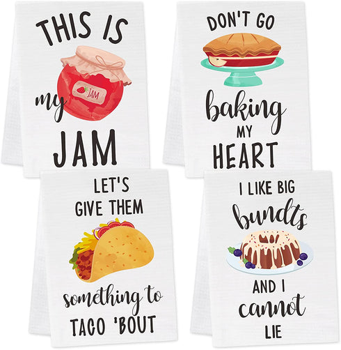 Funny Kitchen Towels, Absorbent Dish Towels with Sayings Set of 4, Waffle Kitchen Hand Towels Kit, Decorative Tea Towels, Fun Hostess Kitchen Decor, Novelty Gift for Housewarming Wedding Birthday