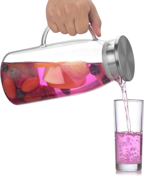 Artcome 60 Ounces Glass Iced Tea Pitcher with Stainless Steel Strainer Lid, Hot/Cold Water Jug, Juice Beverage Carafe