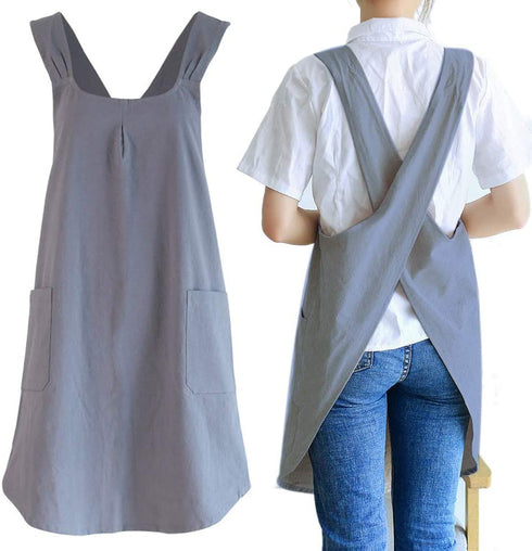 Japanese Linen Cross Back Kitchen Cooking Aprons for Women with Pockets Cute for Baking Painting Gardening Cleaning Gray