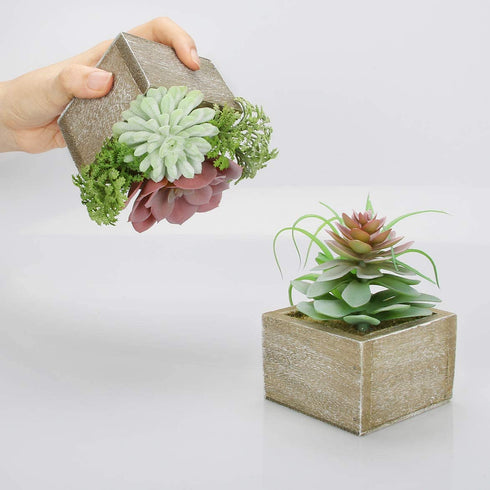 Mingfuxin Artificial Succulents Plants, Mini Assorted Green Faux Succulents in Pots, Small Succulents Plants Artificial with Wood Potted for Home Office Living Room Table Desk Plants Decor, Set of 3