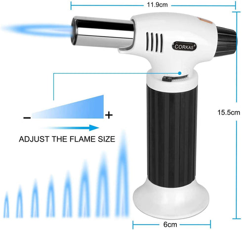 CORKAS Blow Torch, Professional Butane Torch Lighter with Safety Lock and Adjustable Flame for Desserts, Creme Brulee, BBQ and Baking Black&White(Gas Not Included)