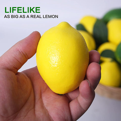 Fake Fruit Artificial Lemons, 3.1''—2.2'' Faux Lemon Fake Limes with Leaves, Lifelike Fake Lemon Decor for Kitchen Table Cabinet Party, Plastic Fruits Photography Prop 36PCS