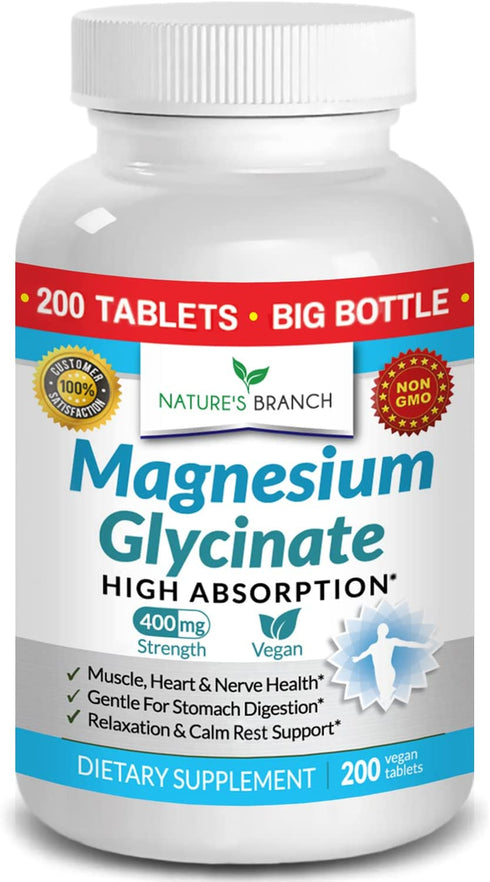 Magnesium Glycinate 400 mg - 200 Tablets - High Absorption, Non Buffered Bisglycinate Mag Supplement for Sleep, Leg Cramps, Heart, Ease Muscles, Calm Headaches for Women and Men, Non Powder Capsules