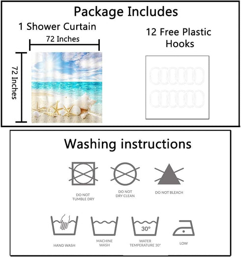 Artsbay Blue Sea Shower Curtain Set Starfish Seashells on Ocean Beach Eco-Friendly Waterproof Polyester Fabric Bathroom Bath Curtains 12 Hooks Included 72x72inches