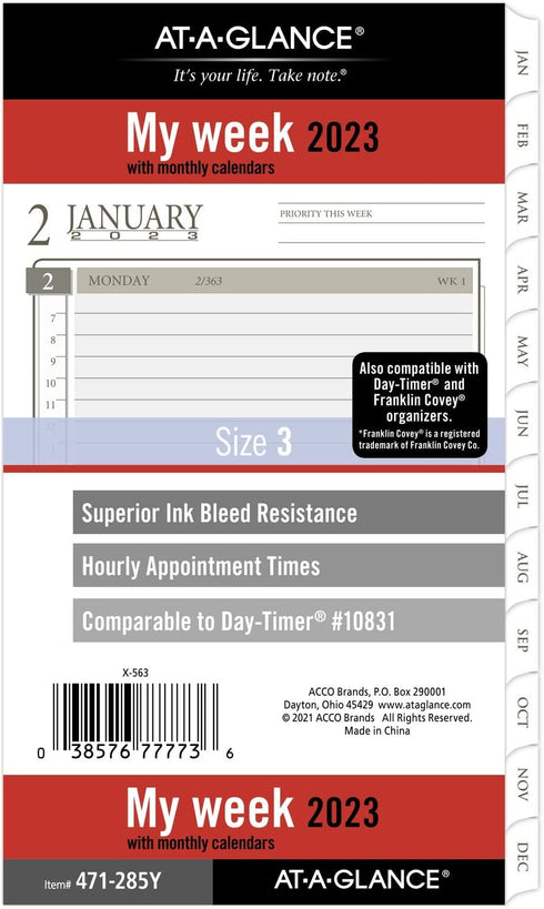 AT-A-GLANCE 2023 Weekly & Monthly Planner Refill, Hourly, 10831 DAY-TIMER, 3-3/4" x 6-3/4", Size 3, Portable Size, Loose Leaf (471-285Y)