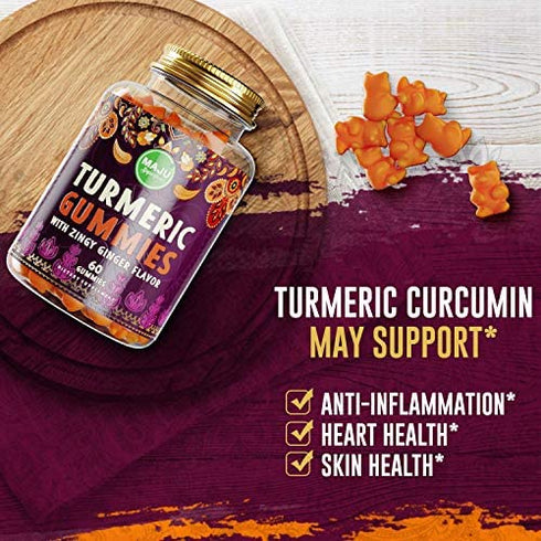MAJU Turmeric Curcumin Gummies 60ct, Zingy Ginger Taste, Black Pepper Extract for Enhanced Absorption and Potency, Use for Joints, Inflammation & Pain Support, Tumeric Gummies for Adults and Kids
