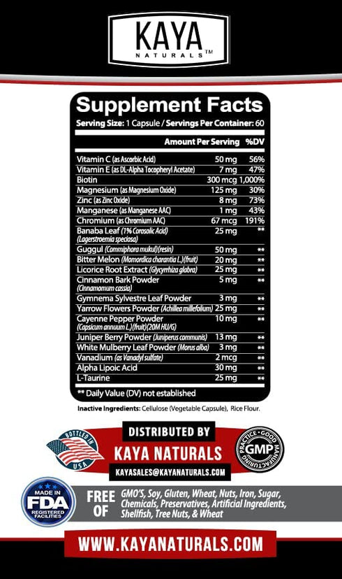 Kaya Naturals Healthy Gluco with Bitter Melon Supplement | Support Healthy Levels & Function, 20 Herbs Vitamins Minerals, Alpha Lipoic Acid, Cinnamon, Vitamin C & E, Gluten Free, Non-GMO - 60 Capsules