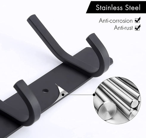 KES Wall Coat Hook Rack with 5 Robe Hooks Heavy Duty Towel Hanger Stainless Steel Matte Black, AH203H5-BK