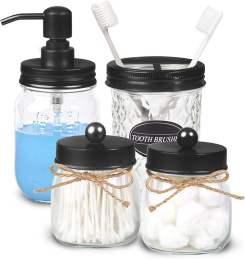 Mason Jar Bathroom Accessories Set 4 Pcs Black Soap Dispenser Toothbrush Holder Sets Rustic Farmhouse Decor