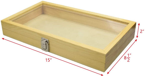 MOOCA Wood Glass Top Jewelry Display Case, Wooden Jewelry Tray for Collectibles, Home Organization Storage Box with White 50 Gem and Bead Storage Jars