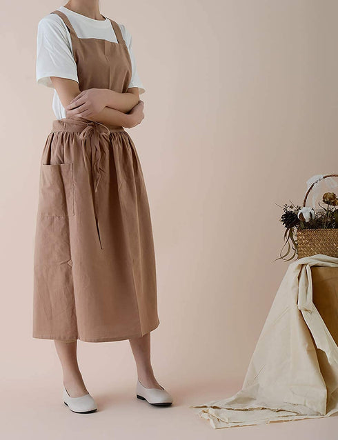 Women Cotton Linen Cross Back Apron with Pockets for Gardening Works Pinafore Dress