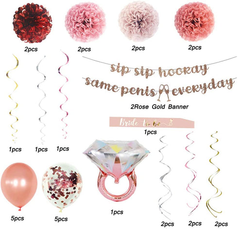 MEYSIMOON Bachelorette Party Decorations Bridal Shower Supplies Rose Gold Kit Ring Balloons,Banner,Swirl,Paper Pom Poms,Bride to Be Sash for Hens Night Party Decoration