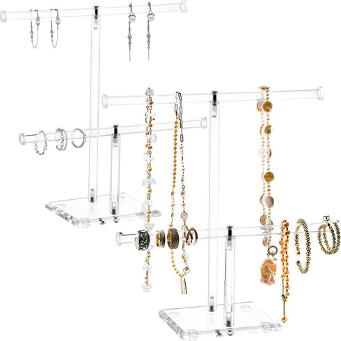 Okllen 2 Pack 2 Tier Acrylic Bracelet Holder, T-bar Clear Jewelry Display Stand, Necklace Storage Tower Jewelry Hanging Organizer for Bangle, Watch, Pendant, Headband Scrunchy, 9.5" W x 10" H