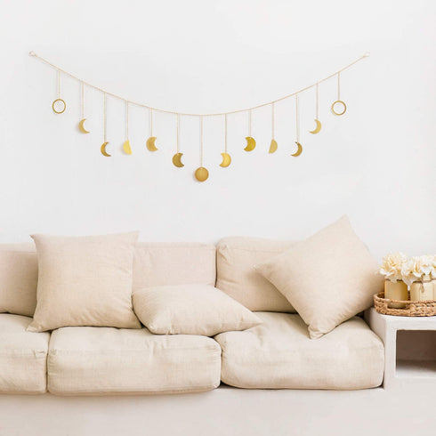Mkono Moon Phase Wall Hanging Boho Garland Decor Home Decoration Moon Hang Art Ornaments for Bedroom Headboard Living Room Dorm Nursery Apartment Office Birthday Gift, Gold, 55"