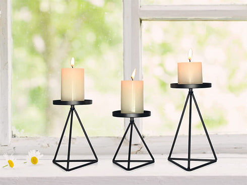 MAINFOR Candle Holder for Pillar Candle Stand Candlesticks, Holiday Wedding Fireplace Geometric Decor Candles Holder for Table Centerpiece, Set of 3 Black Wrought Iron Tall Candle Stick Holder Floor