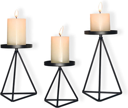 MAINFOR Candle Holder for Pillar Candle Stand Candlesticks, Holiday Wedding Fireplace Geometric Decor Candles Holder for Table Centerpiece, Set of 3 Black Wrought Iron Tall Candle Stick Holder Floor