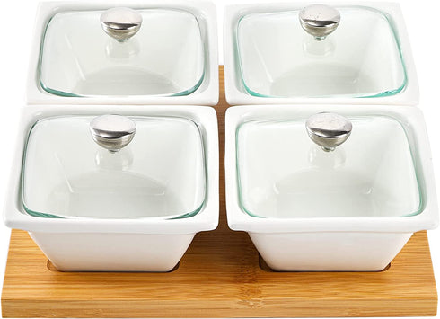 Tebery 4 Pack Ceramic Divided Serving Dishes Relish Tray, Appetizer & Condiment Server Set, 5OZ Removable Serving Platter Bowl with Glass Lids & Bamboo Tray for Fruits, Nuts, Candies, Veggies