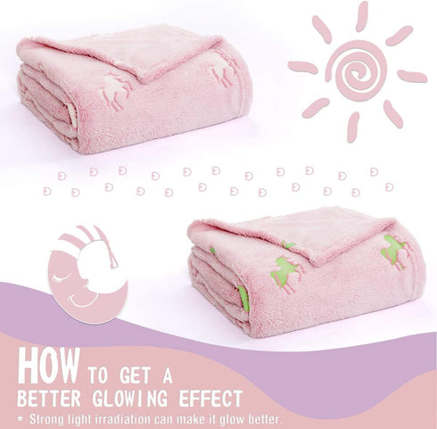 JINCHAN Flannel Throw Blanket Unicorn Soft Pink Kids Lightweight Comfy Luminious Blanket Glow in The Dark Nursery Living Room Decor Four Seasons Birthday for Girls Boys Baby 50x60 Inch