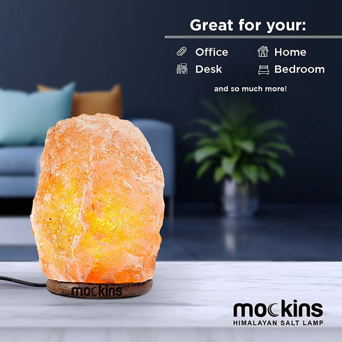 Mockins 6-8" Tall 5-7 lbs Natural Hand Carved Himalayan Salt Lamp with Dimmer Cord & Beautiful Wood Base - Includes Extra Light Bulb | Authentic from The Himalayan Mountains in Pakistan