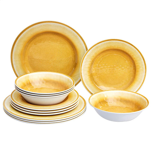 Amazon Basics 12-Piece Melamine Dinnerware Set - Service for 4, Yellow Crackle Glaze