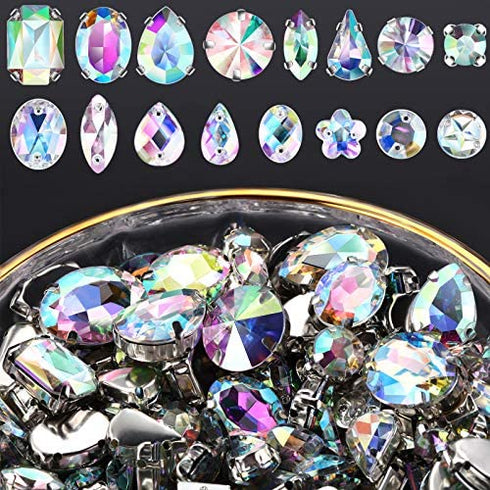 320 Pieces Sew on Rhinestone Sew Crystals Acrylic Gems Sewing Claw Rhinestone Flatback Gemstones with Hole Silver Prong in Mix Shape Mixed Size for DIY Crafts Clothes Shoes Bag Decoration (Crystal AB)