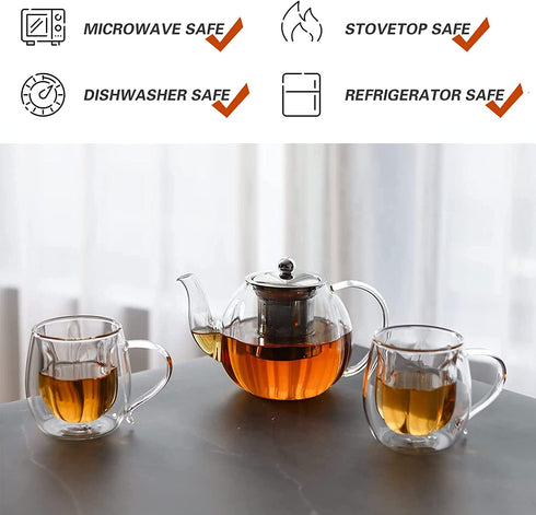 VEVOK CHEF Glass Teapot with Removable Infuser Clear Glass Tea Kettle, Blooming and Loose Leaf Tea Maker Set Stovetop Safe Borosilicate Glass Teapot Tea Brewer
