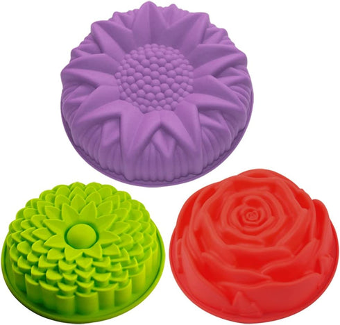 3 Pack Flower Shape Silicone Cake Bread Pie Flan Tart Molds, SENHAI Large Round Sunflower Chrysanthemum Rose Shape Non-Stick Baking Trays for Birthday Party DIY - Yellow,Red,Purple