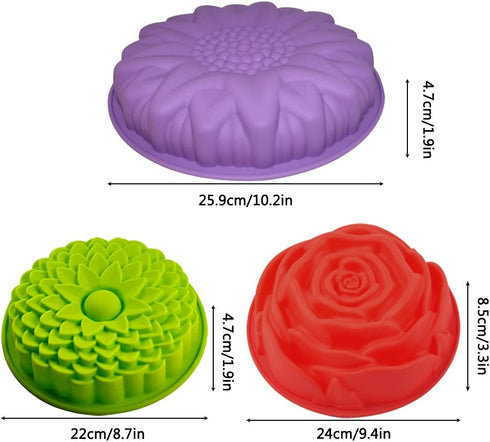 3 Pack Flower Shape Silicone Cake Bread Pie Flan Tart Molds, SENHAI Large Round Sunflower Chrysanthemum Rose Shape Non-Stick Baking Trays for Birthday Party DIY - Yellow,Red,Purple