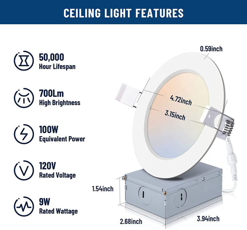 12 Pack 4 Inch Ultra-Thin LED Recessed Ceiling Light with Junction Box, 5CCT Dimmable 2700K/3000K/4000K/5000K/6000K, 9W 700lm Eqv, Can Killer Downlight-ETL and Energy Star Certified