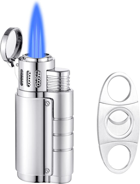 Torch Lighter, Butane Refillable Triple Jet Flame Adjustable Windproof Lighter with Puncher, Cigar Cutter and Lighter Set, Gifts for Men- Butane Gas Not Included