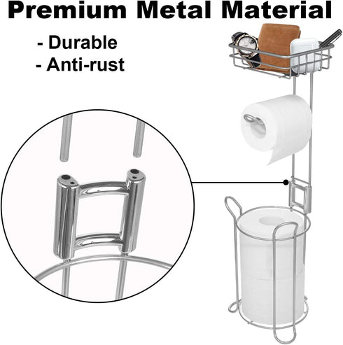 Toilet Paper Holder Stand with Storage Bathroom Free standing Toilet Tissue Holder with Dispenser Shelf for Mobile Phone, Hold 3 Rolls Reserve Toilet Roll Holder Metal Large Bathroom Storage Silver