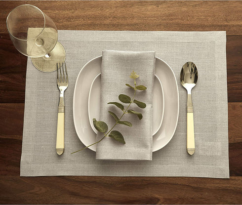 Solino Home Linen Placemats Natural and White, 14 x 19 Inch Set of 4, Pinstripe Natural Fabric Machine Washable Stripe Placemats Handcrafted with European Flax