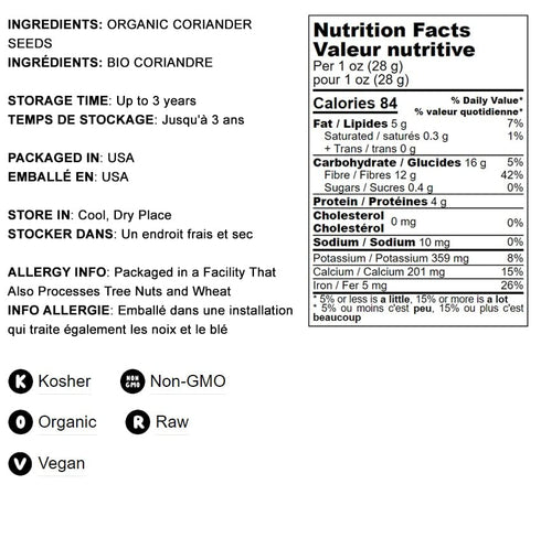 Organic Coriander Seeds, 6 Ounces – Whole, Non-GMO Spice, Non-Irradiated, Vegan, Dry, Bulk, High in Dietary Fiber, Copper, Manganese, Magnesium, and Iron. Perfect for Garam Masala and Curry.