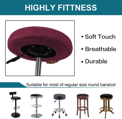 Turquoize Velvet Bar Stool Covers Round Stool Cushion Covers Stool Chair Covers Barstool Covers Slipcovers Set of 2, Feature Stretchy Thick Bouncy Fabric Washable, Dia 16"-18", X-Large, Burgundy