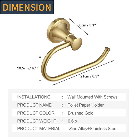 BESy Brushed Gold Toilet Tissue Paper Holder Brushed Gold Bathroom Accessories Toilet roll Paper Hanger, Wall Mounted, Rustproof