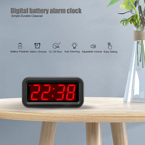 Digital Alarm Clock Battery Operated, 1.2" LED Large Display, Auto Dim, 12/24H, Snooze, 4 AA Batteries Keep Small Clock Work More Than 1 Year, for Kids, Bedroom, Bathroom, Bedside, on The Wall, Desk