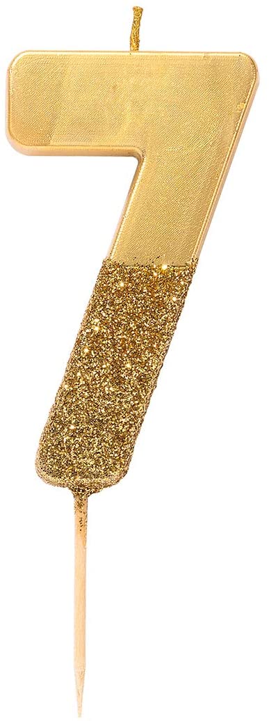 Talking Tables Glitter Number Candle-Premium Quality Cake Topper Decoration Pretty, Sparkly for Kids, Adults, 7th, 70th Birthday Party, Anniversary, Milestone, Height 8cm, 3", Gold 7
