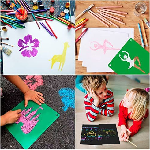 Jecarden 20 PCS Stencils for Kids, Sidewalk Chalk Stencils 8 x 8 Inch Colorful Large Stencils with 5 PCS Scratch Paper Washable Craft Fun Chalk Stencils Gift Idea for Boys and Girls to Learn Painting