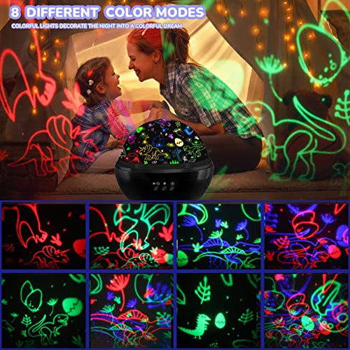 MINGKIDS Kids Night Light Dinosaur and Cars Projector 360 Degree Rotation - 4 LED Bulbs 9 Light Color Changing with USB Cable,Dinosaur Toys Gifts for Boys Girls