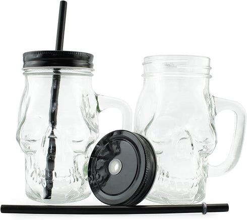 Darware Skull Mason Jar Mugs (Set of 4); Clear 12oz Glasses with Reusable Straws