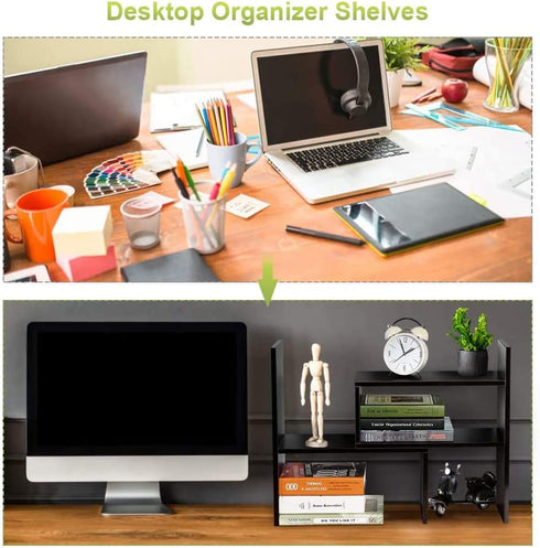 Hotwheel Desk Shelf Organizers and Storage, Expandable Mini Bookshelf for Bedroom, Adjustable Wood Desktop Shelf Black, Home & Office Decor