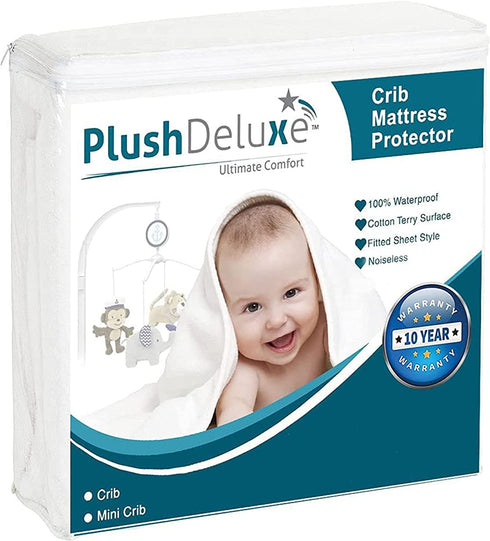 PlushDeluxe Mini Crib Size Waterproof Mattress Protector Breathable Soft Cotton Terry Surface (Mini Crib)
