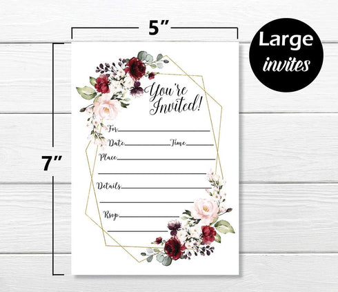 50 Elegant Floral Geometric Elegant Frame Invitation Burgundy Marsala Gold (Large Size 5x7) Weddings, Bridal or Baby Shower Invite, Birthday Invitation, Any Occasion (5X7 Large)