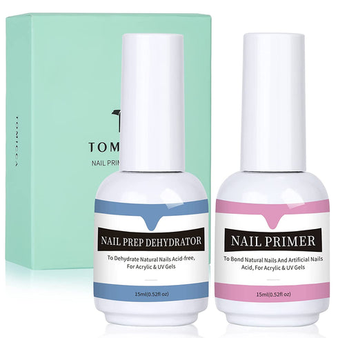 TOMICCA Nail Dehydrator and Primer, Professional Acid Free Natural Nail Prep Dehydrator, Fast Air Dry Superior Bonding Primer Set for Acrylic Powder and Gel Nail Polish 15Ml/0.52 oz