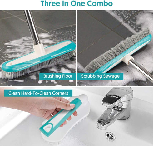 MEXERRIS Scrub Brush with Floor Scrubber Deck Brush Long Handle Combo Cleaning Kits, Stiff Bristles Durable Scrubbing Grout Brushes for Carpet Bathroom, Shower, Sink, Bathtub, Tile, Kitchen Surface