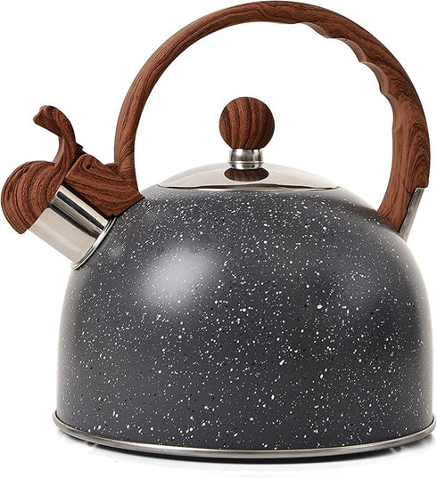 Tea Kettle - VONIKI 2.5 Quart Tea Kettles Stovetop Whistling Teapot Stainless Steel Tea Pots for Stove Top Whistle Tea Pot With Wood Pattern Anti-Hot Handle Teakettle Black