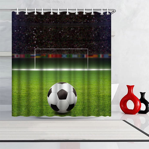 ArtBones Soccer Shower Curtain Soccer Ball on Green Huge Football Field with Soccer Gate Cloth Fabric Bath Curtain Hooks Included 72x72inch