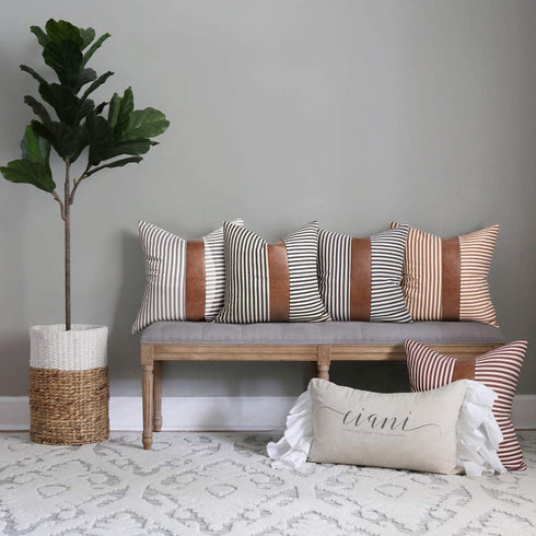 Farmhouse Decoration Pillow Covers 18x18 inch Set of 2 Modern Faux Leather and Ticking Stripe Pillow Covers Boho Indoor Outdoor Decor Cushion Covers for Couch Sofa,Gray